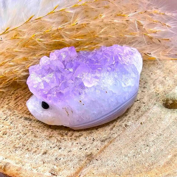 Nature Amethyst Cluster Hand Carved Cute Hedgehog Decor Figure - Picture 2 of 10